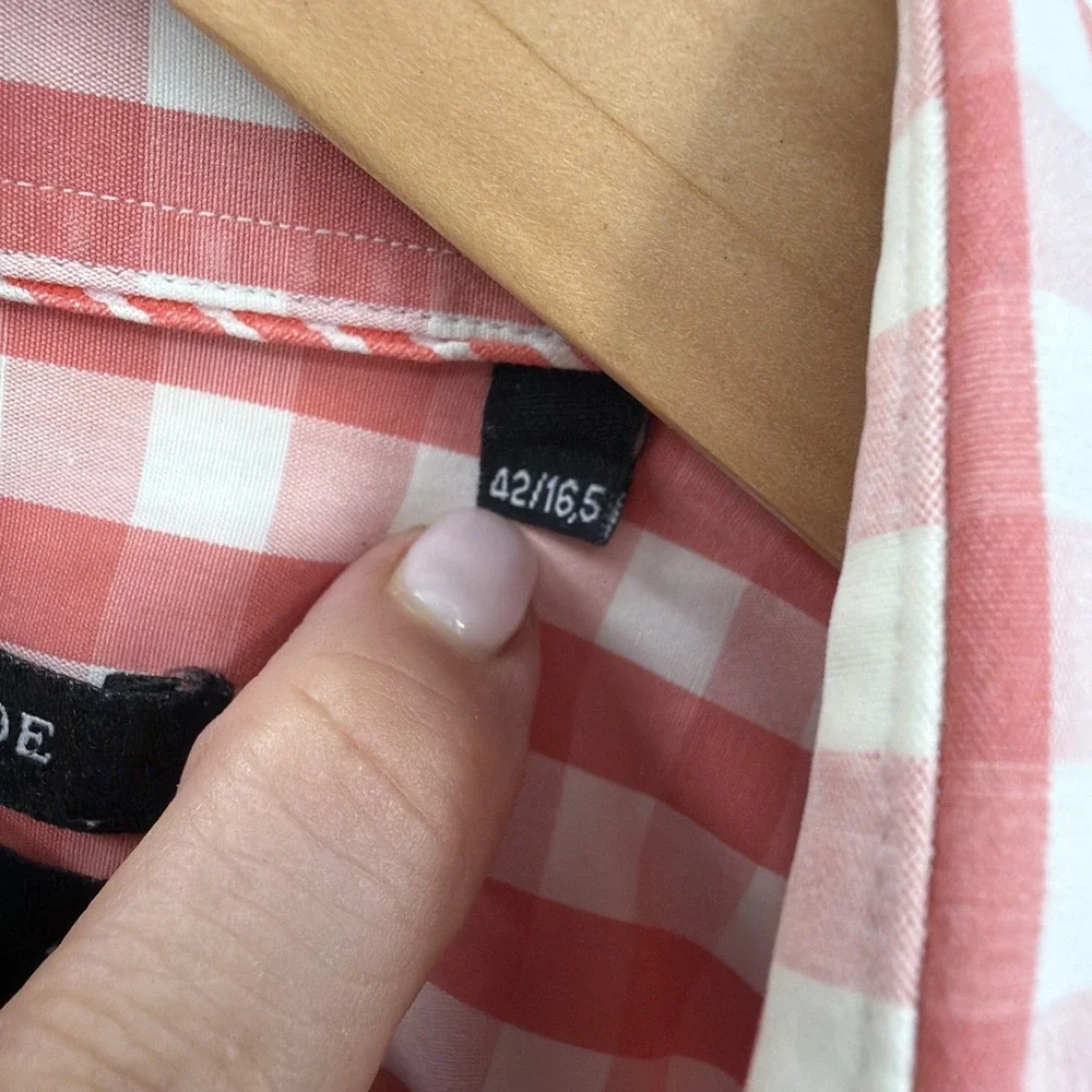 Hammer Made Cotton Button Up Shirt‎ 16.5/42 Peach Red Check Italian Fabric Italy